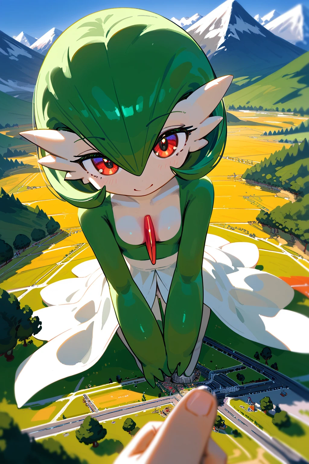 (score_9,score_8,score_7),{{green and white}}, gardevoir, pokemon, macro, high angle, {{standing on the ground}}, standing , continent, mountain, atmosphere, pov from upon