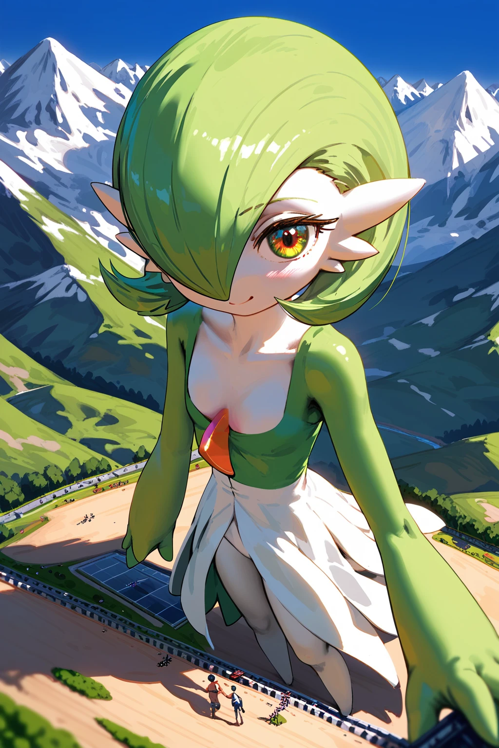 (score_9,score_8,score_7),{{green and white}}, gardevoir, pokemon, macro, high angle, {{standing on the ground}}, standing , continent, mountain, atmosphere, pov from upon