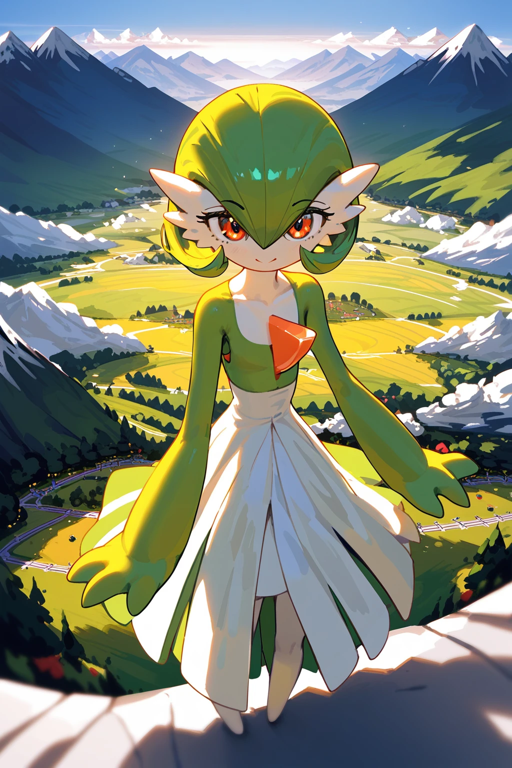 (score_9,score_8,score_7),{{green and white}}, gardevoir, pokemon, macro, high angle, {{standing on the ground}}, standing , continent, mountain, atmosphere, pov from upon