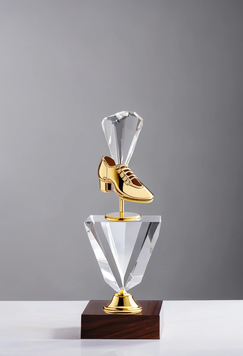 A minimalist, creative and futuristic dance trophy;A crystal trophy made of a pair of crystal ballet shoes,Walnut wooden square base,Simple and elegant;There is a gold metal nameplate on the base;Dance shoes staggered rise,Ribbon embellishment。White background。Front view。
