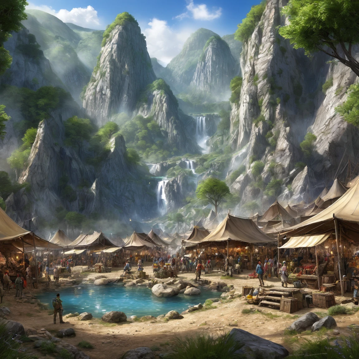(best quality)), ((masterpiece)), ((Realistic,digital art)), (super detailed), fantasy, grand camp de mineurs dans un large vallon, large minerals market