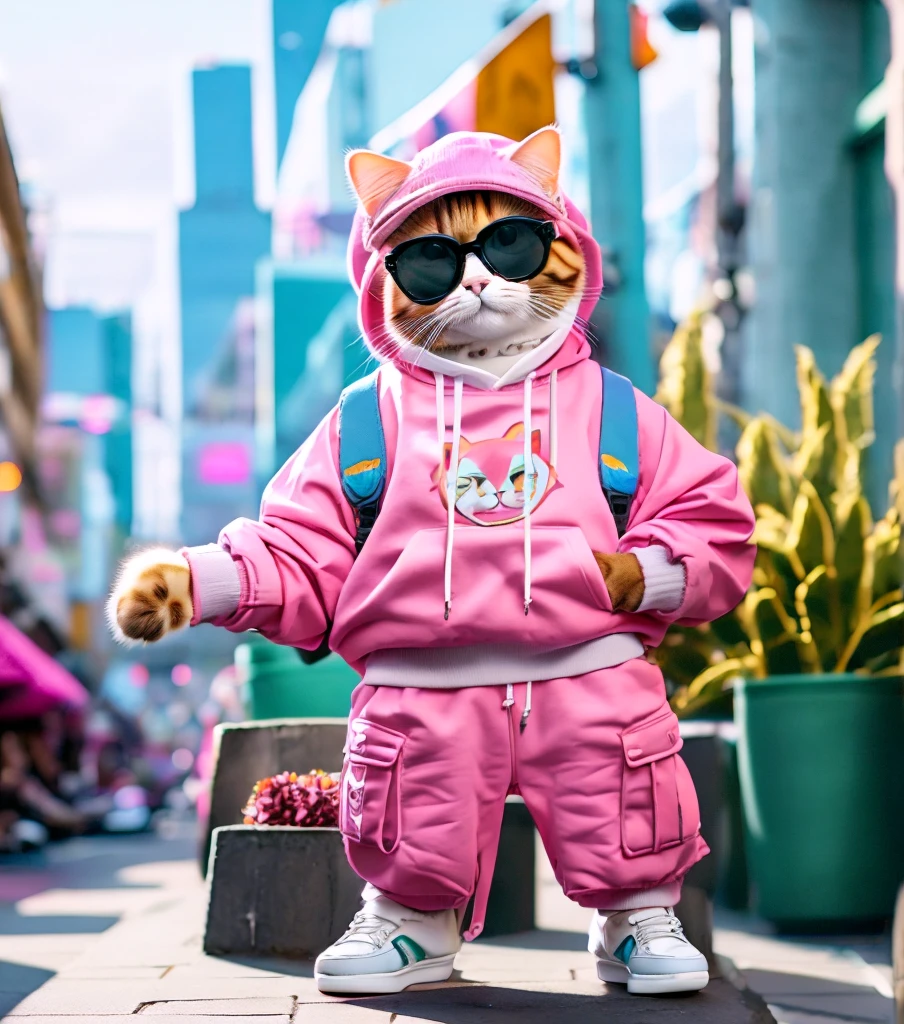 A trendy anthropomorphic cat wearing a pink baseball cap, large sunglasses, a pink bomber jacket with patches, a graphic hoodie with a cat print, dark cargo shorts, high-top sneakers with colorful details, and a crossbody bag. The cat stands confidently on a stylish city street with modern shops and people in the background, creating a lively urban atmosphere