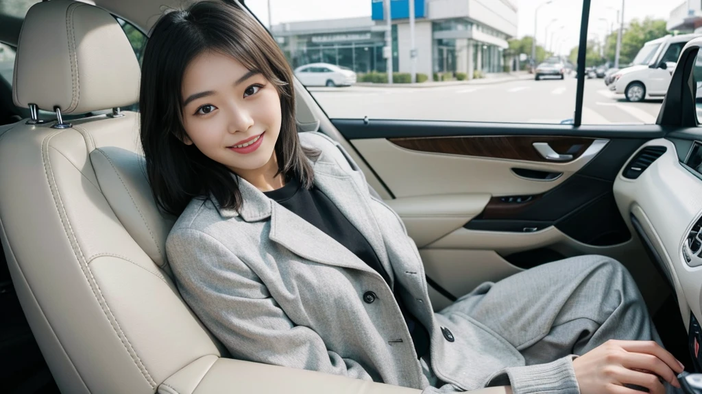 A Japanese woman in a gray jacket sitting in a car、Keep your hands on the handlebars、with an elegant smile、Beautiful 22 year old woman、LEXUS