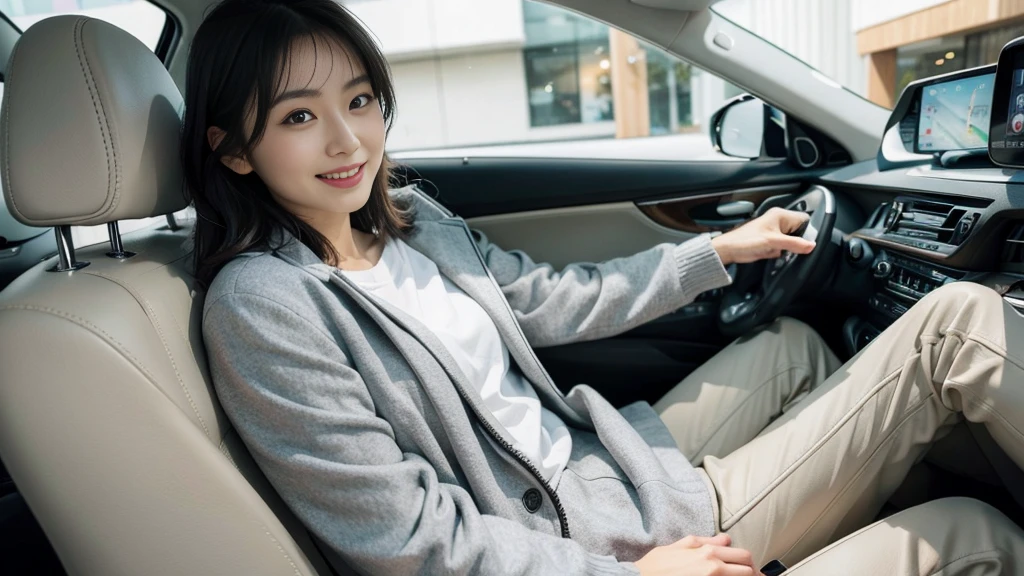 A Japanese woman in a gray jacket sitting in a car、Keep your hands on the handlebars、with an elegant smile、Beautiful 22 year old woman、LEXUS