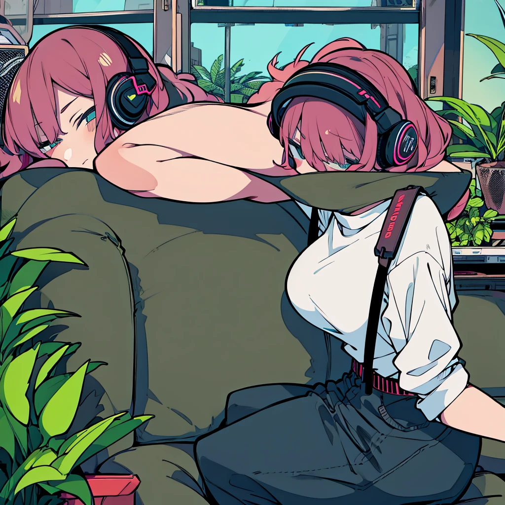 Best quality, (masterpiece:1.2), best detail face,1 girl, big breasts, 18 yo, 8k,absurdres,unity 8k wall paper,(extremely detailed:1.3), highest realistic, (retro headphones:1.1), (soft neon light:1.1), Her room full of music equipment and plants, Leaning back on the chair with a casual attitude, Light clothing in summer, natural color palette
