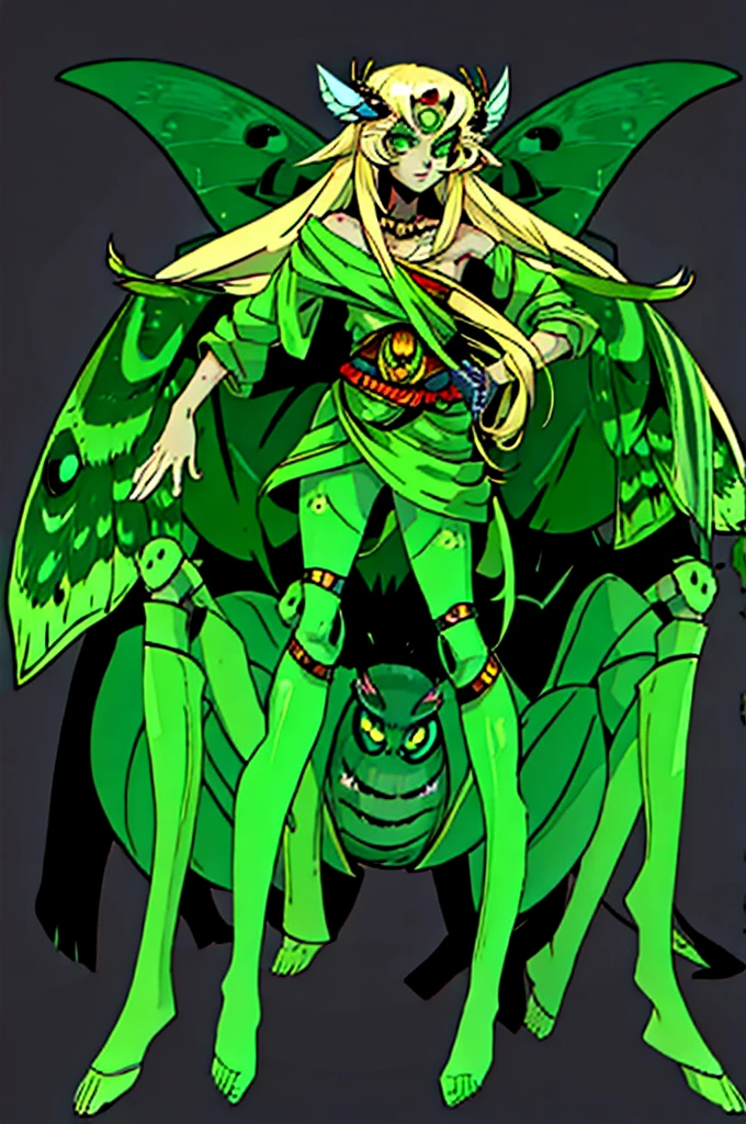 1girl, arachnid body, spider abdomen, hairy thin long spider legs, dragonfly wings, moth antenas on head, blonde long hair, green clothes, green eyes, flat chest, hades style, hadesstyle, hades2style, hades 2 style