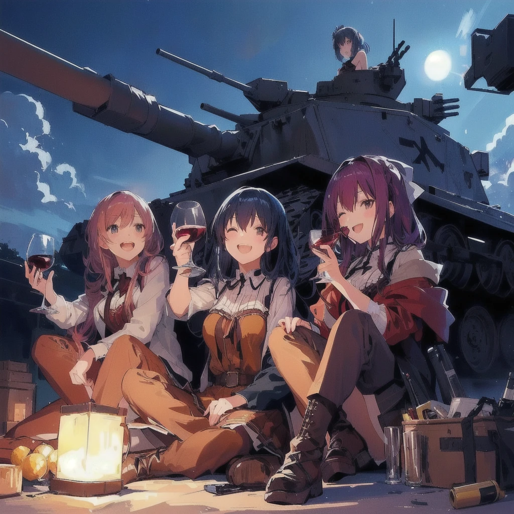 Anime Girls sitting on the ground with wine glasses in front of a tank, Drinking wine and laughing,Girls' Frontline style, from Girls' Frontline, Girls' Frontline universe, Girls' Frontline cg, Girls' Frontline, Infantry Girl, Kantai Collection Style, Fine details. Girls' Frontline, Gweiz-style artwork, Soldier, Anime Girls, Anime Background, 4K Manga Wallpapers, Anime Wallpaper