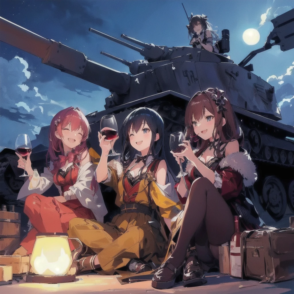 Anime Girls sitting on the ground with wine glasses in front of a tank, Drinking wine and laughing,Girls' Frontline style, from Girls' Frontline, Girls' Frontline universe, Girls' Frontline cg, Girls' Frontline, Infantry Girl, Kantai Collection Style, Fine details. Girls' Frontline, Gweiz-style artwork, Soldier, Anime Girls, Anime Background, 4K Manga Wallpapers, Anime Wallpaper