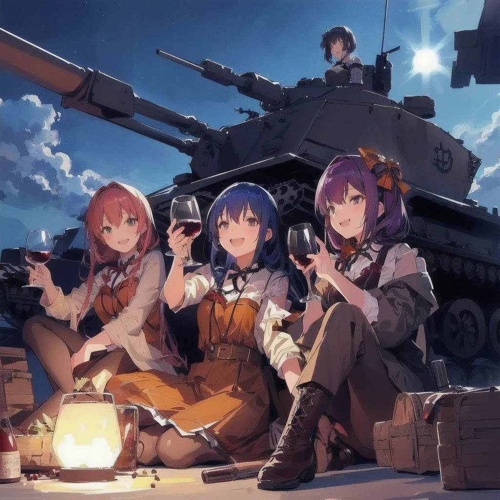 Anime Girls sitting on the ground with wine glasses in front of a tank, Drinking wine and laughing,Girls' Frontline style, from Girls' Frontline, Girls' Frontline universe, Girls' Frontline cg, Girls' Frontline, Infantry Girl, Kantai Collection Style, Fine details. Girls' Frontline, Gweiz-style artwork, Soldier, Anime Girls, Anime Background, 4K Manga Wallpapers, Anime Wallpaper