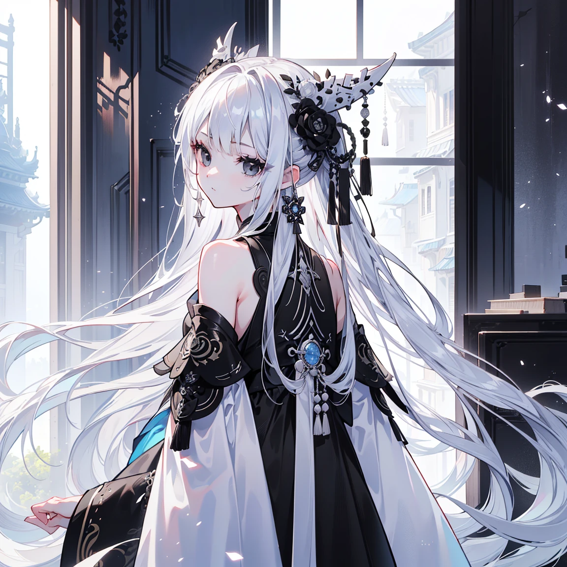 (Top image quality)、(Ultra Detailed)、(Facing forward)、top quality、masterpiece、(((1 girl)))、Silver Hair、white hair、((Long hair))、(black eyes:1.6)、(Hanfu)