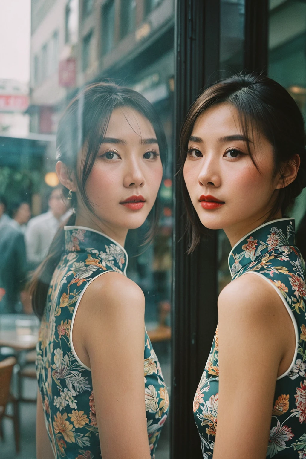 shot of attractive Chinese qipao girl in a city modern cafe, brunette, casual smirk, reflections trough a window of another person walking. candid, minimalism, moody, modern, cinematic realism, Eye Level Shot, analog film photo, Kodachrome.
