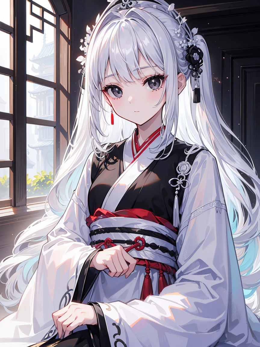 (Top image quality)、(Ultra Detailed)、(Facing forward)、top quality、masterpiece、(((1 girl)))、Silver Hair、white hair、((Long hair))、(black eyes:1.6)、(Hanfu)