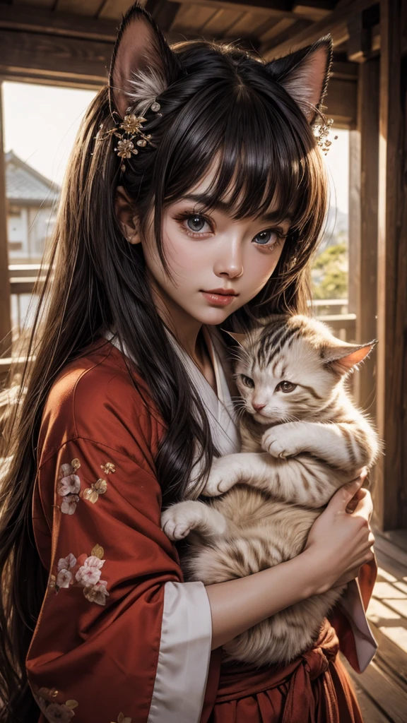 High resolution、８ｋ、personification、cat girl、very cute、baby face、close-up image、round eyes、Japanese Shrine Maiden、Love Success
