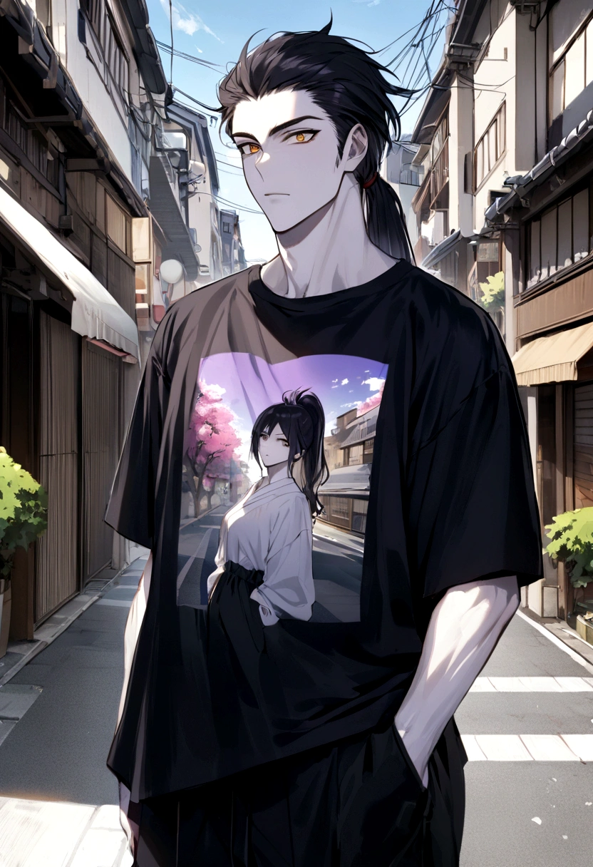 muscular 25 year old man with pale skin, Long black hair, pony tail, and golden eyes like a woman, Wearing black pants, Matte purple oversize t-shirt, japan street background, day time