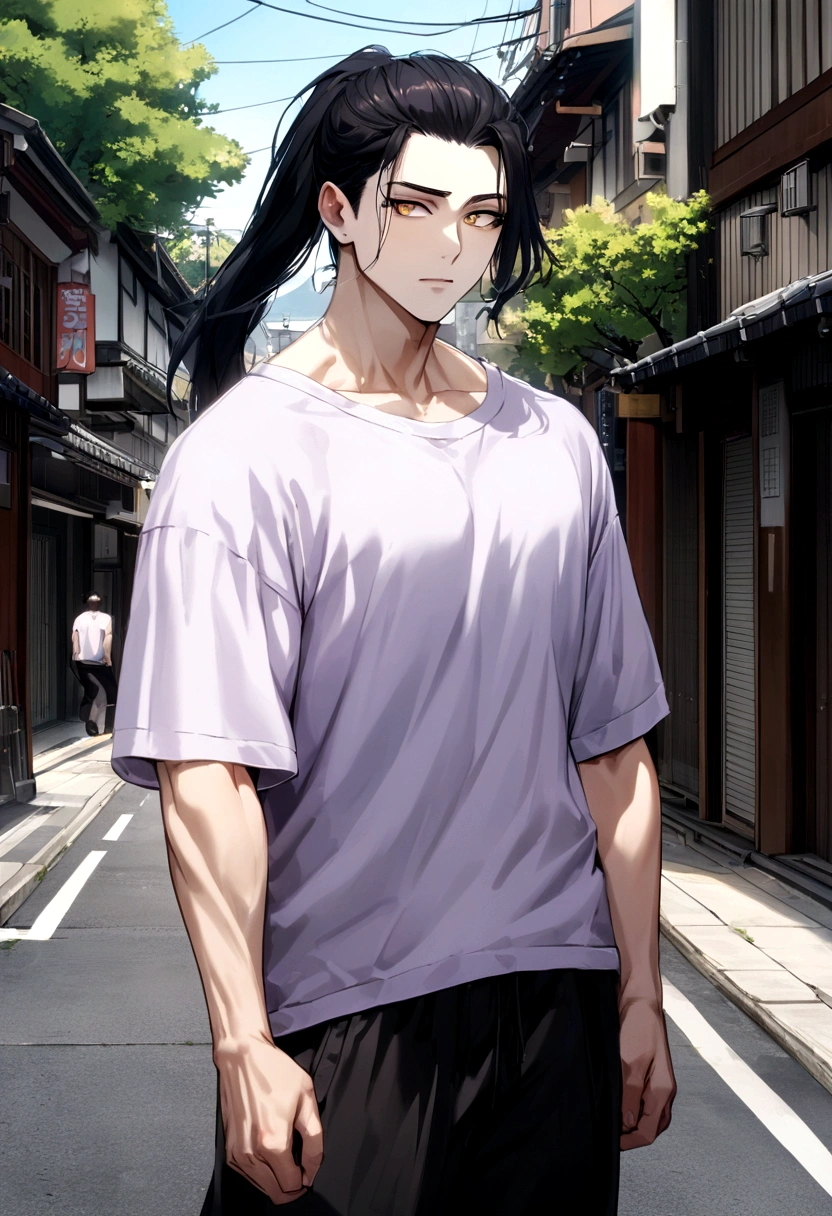 muscular 25 year old man with pale skin, Long black hair, pony tail, and golden eyes like a woman, Wearing black pants, Matte purple oversize t-shirt, japan street background, day time