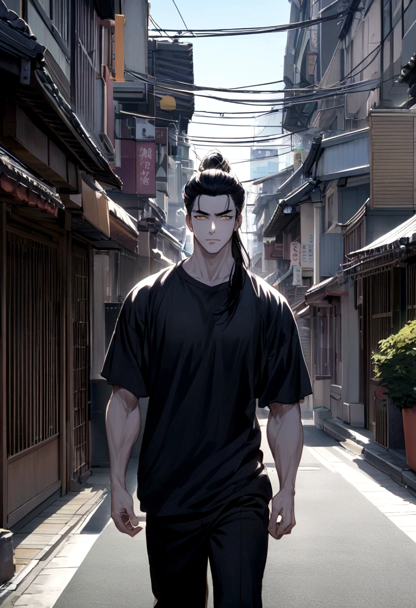 muscular 25 year old man with pale skin, Long black hair, pony tail, and golden eyes like a woman, Wearing black pants, Matte purple oversize t-shirt, japan street background, day time