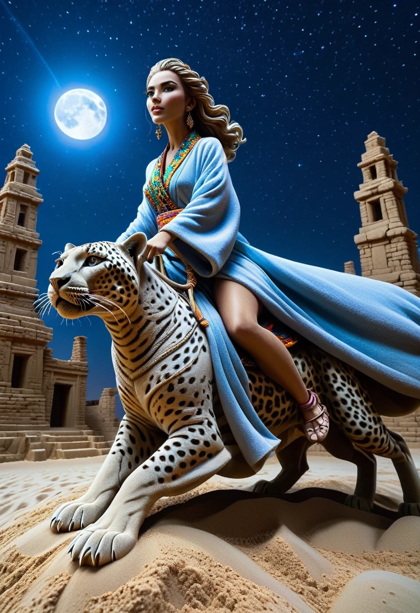 Sand sculpture style, Ultra-clear details,Spectacular sights,A huge crystal leopard gallops towards,Beautiful girl riding on his back,Wearing a colorful robe,Gallant,Leopard eyes flash mysterious blue light,The background is set under the deep starry sky,Surrounded by ancient ruins,Moonlight pours down,The beauty has a calm and brave face。