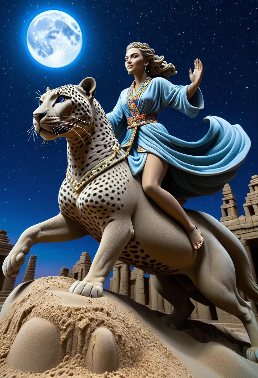 Sand sculpture style,  Ultra-clear details，Spectacular sights，A huge crystal leopard gallops towards，Beautiful girl riding on his back，Wearing a colorful robe，Gallant，Leopard eyes flash mysterious blue light，The background is set under the deep starry sky，Surrounded by ancient ruins，Moonlight pours down，The beauty has a calm and brave face。