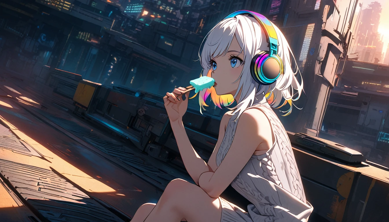 Handsome cute, Solitary, 1 female, Medium Length Hair, white hair, Rainbow hair, blue Eyes, Rainbow headphone, knit dress, Futuristic, Cyberpunk, Cybernetics panoramic, in the sunset, looking away, Sitting, eat ice-cream,