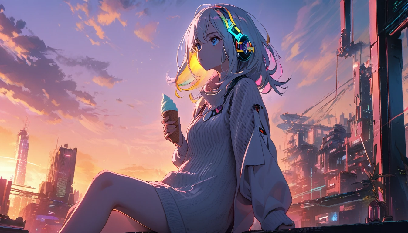 Handsome cute, Solitary, 1 female, Medium Length Hair, white hair, Rainbow hair, blue Eyes, Rainbow headphone, knit dress, Futuristic, Cyberpunk, Cybernetics panoramic, in the sunset, looking away, Sitting, eat ice-cream,