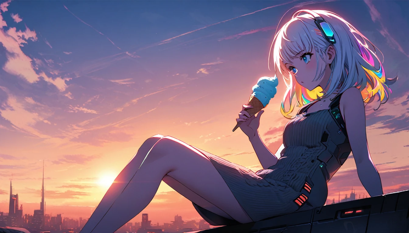 Handsome cute, Solitary, 1 female, Medium Length Hair, white hair, Rainbow hair, blue Eyes, Rainbow headphone, knit dress, Futuristic, Cyberpunk, Cybernetics panoramic, in the sunset, looking away, Sitting, eat ice-cream,