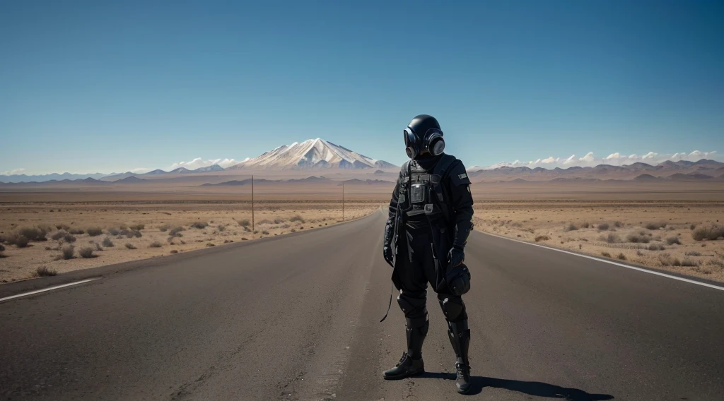 Arafed man with a gas mask standing on a road., wearing space tech clothing, parado en el camino, wearing technical clothing and armor, in metal hurlant, por Andrei Kolkoutine, Still from a film by Ridley Scott, parado valientemente en el camino, Sci-fi cinematographic film frame., ropa y casco futuristas, vantablack gi