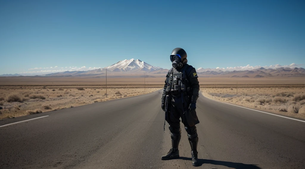 Arafed man with a gas mask standing on a road., wearing space tech clothing, parado en el camino, wearing technical clothing and armor, in metal hurlant, por Andrei Kolkoutine, Still from a film by Ridley Scott, parado valientemente en el camino, Sci-fi cinematographic film frame., ropa y casco futuristas, vantablack gi