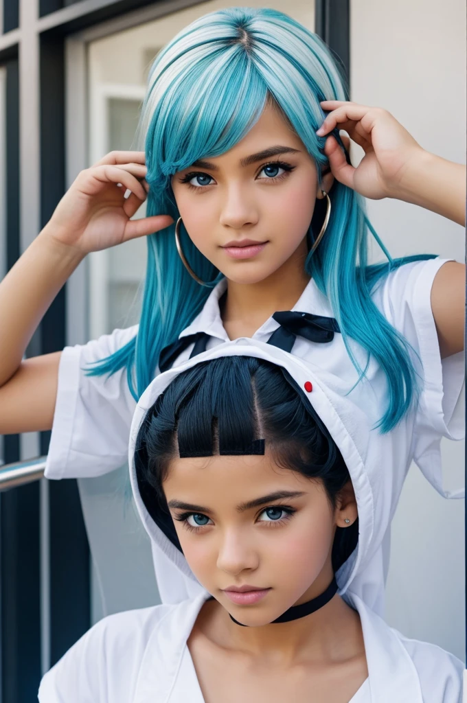 Anime style white boy with black painted girls, cabello azul y ojos azules