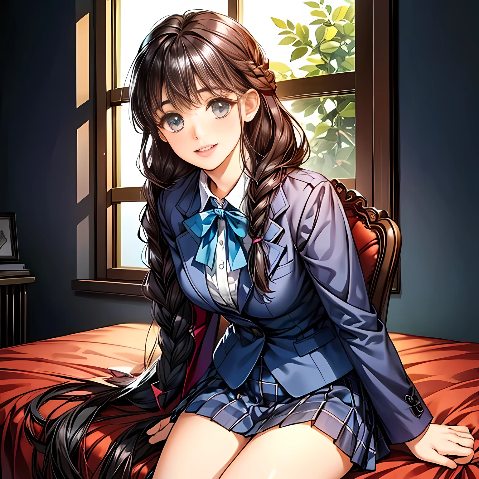 (highest quality, masterpiece:1.2), highest quality, High resolution, 1080p, 8K, Height: 158cm, ((Vivid and high-definition game CG)), ((Like a princess from a game、A very intelligent, very noble, pretty and neat beautiful girl is sitting、Turning to the side and showing her best smile)), He tries to hide his shocked mouth with his hands., A face that everyone loves, Glossy lips, Even bangs, Double, Long eyelashes on both the top and bottom, Detailed smiling blue eyes, The pupils are very large, The very large red shiny wide ribbon bowtie is very cute., ((Black Hair)), ((long twin braids)), (((A long, neat, dark navy blue checked pleated skirt))), (((Dark blue winter long sleeve blazer))), How to wear a neat uniform, Extremely lustrous, shiny game heroine lips, Mouth open, Ribbon in hair, Tight waist, slender, The ribbon is big and very pretty., Beautiful hair like a hair model, The background is pure white space, The hair is very shiny and realistic, The skirt is long and very vividly colored, making it photorealistic.