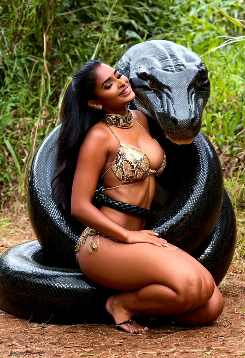  Happy Horny, aroused 1girl), beautiful kneeling indian thick young  girl  with  giant colossal black titanboa squeezing her hard, wrapped in thick spiraling coils, constricted, struggle, gasping for air, snake attack, snake peril, moonless night, dim light