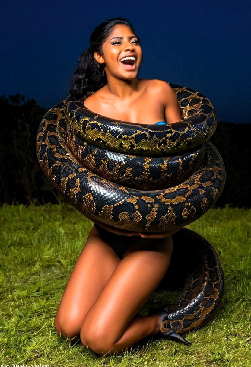Happy Horny, aroused 1girl), beautiful kneeling indian thick young girl with giant colossal black titanboa squeezing her hard, wrapped in thick spiraling coils, constricted, struggle, gasping for air, snake attack, snake peril, moonless night, dim light