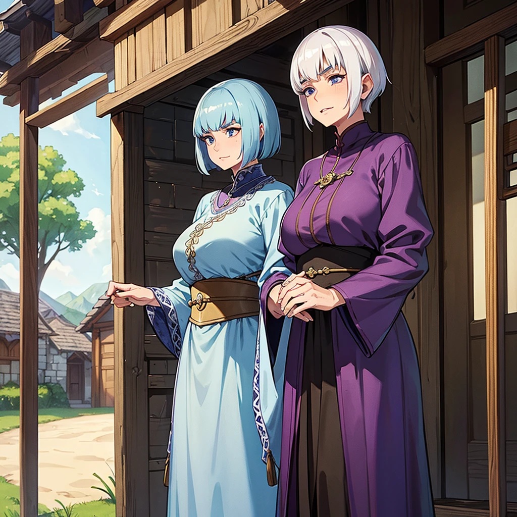 Fantasy、Medieval Knight、(Hairstyle:Middle Reason、Very Short Hair)、(Thin eyebrows)、(((Mature Woman、elder、80 year old grandmother)))、(Facial wrinkles、Age Line)、Medieval village、(farmer)