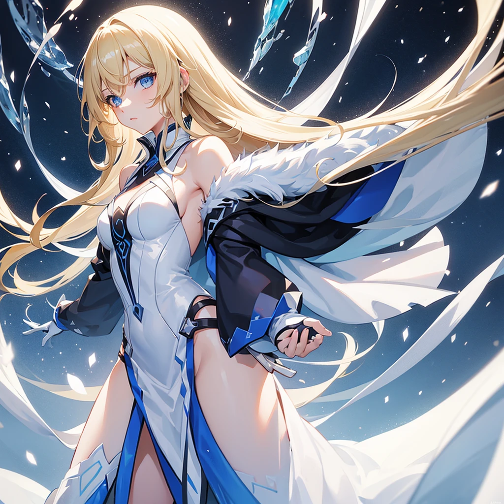 woman, solo, long hair, blonde hair, blue eyes, beautiful, half body, ice. Sexy. White clothes. Snow.