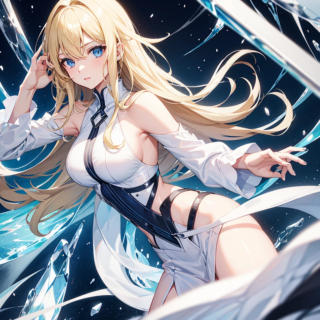 woman, solo, long hair, blonde hair, blue eyes, beautiful, half body, ice. Sexy. White clothes. Snow.