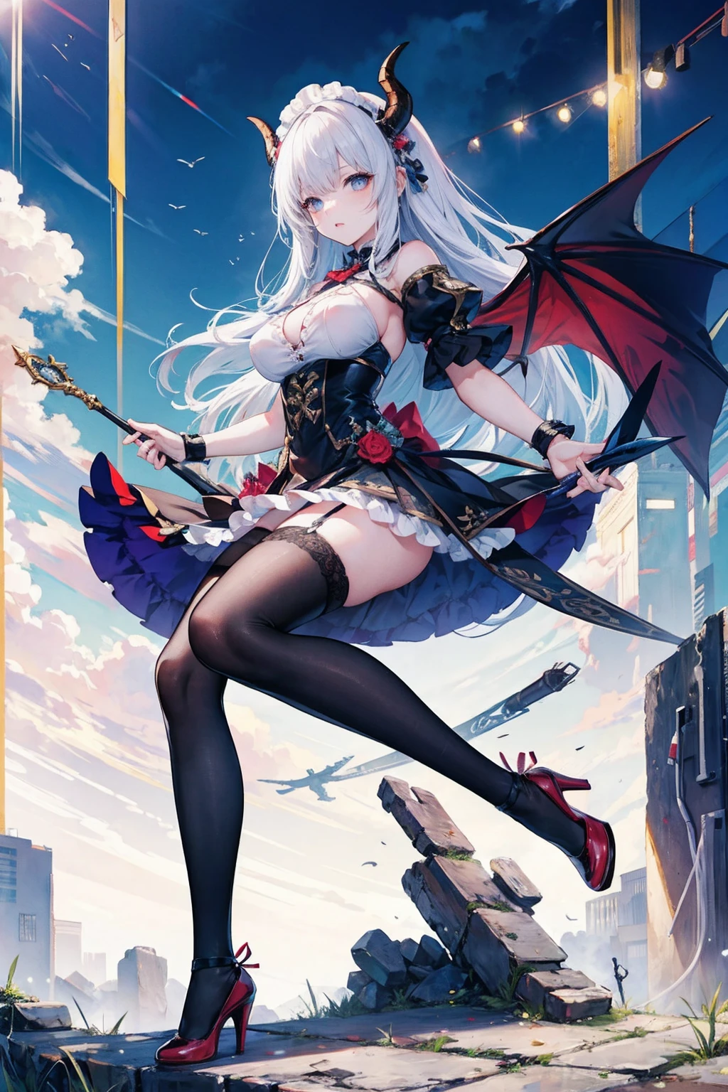 (masterpiece, top quality, best quality, official art, beautiful and aesthetic:1.3), (8k, best quality, masterpiece:1.2),(full body:1.3) (large breasts:1.2), long hair, black thighhighs, high heel, (microskirt:1.1), garter belt, dragon's horn,dragon's wing,