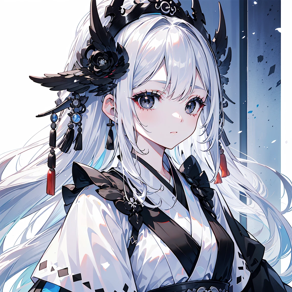 (Top image quality)、(Ultra Detailed)、(Facing forward)、top quality、masterpiece、(((1 girl)))、Silver Hair、white hair、((Long hair))、(black eyes:1.6)、(Hanfu)