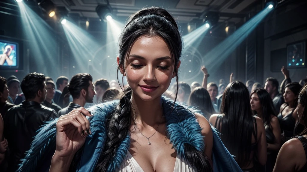 masterpiece, best quality, extremely detailed, hyperrealistic:1.1, photorealistic, a beautiful 20s russian model, ultra detailed face:1.1, sunglasses on head:1.1, blue fur shawl, white dress, high ponytail, black hair, at nightclub:1.2, nightclub light:1.1, party, music club, people dancing on the dance floor background, underground danceclub, laughing, eye closed 
