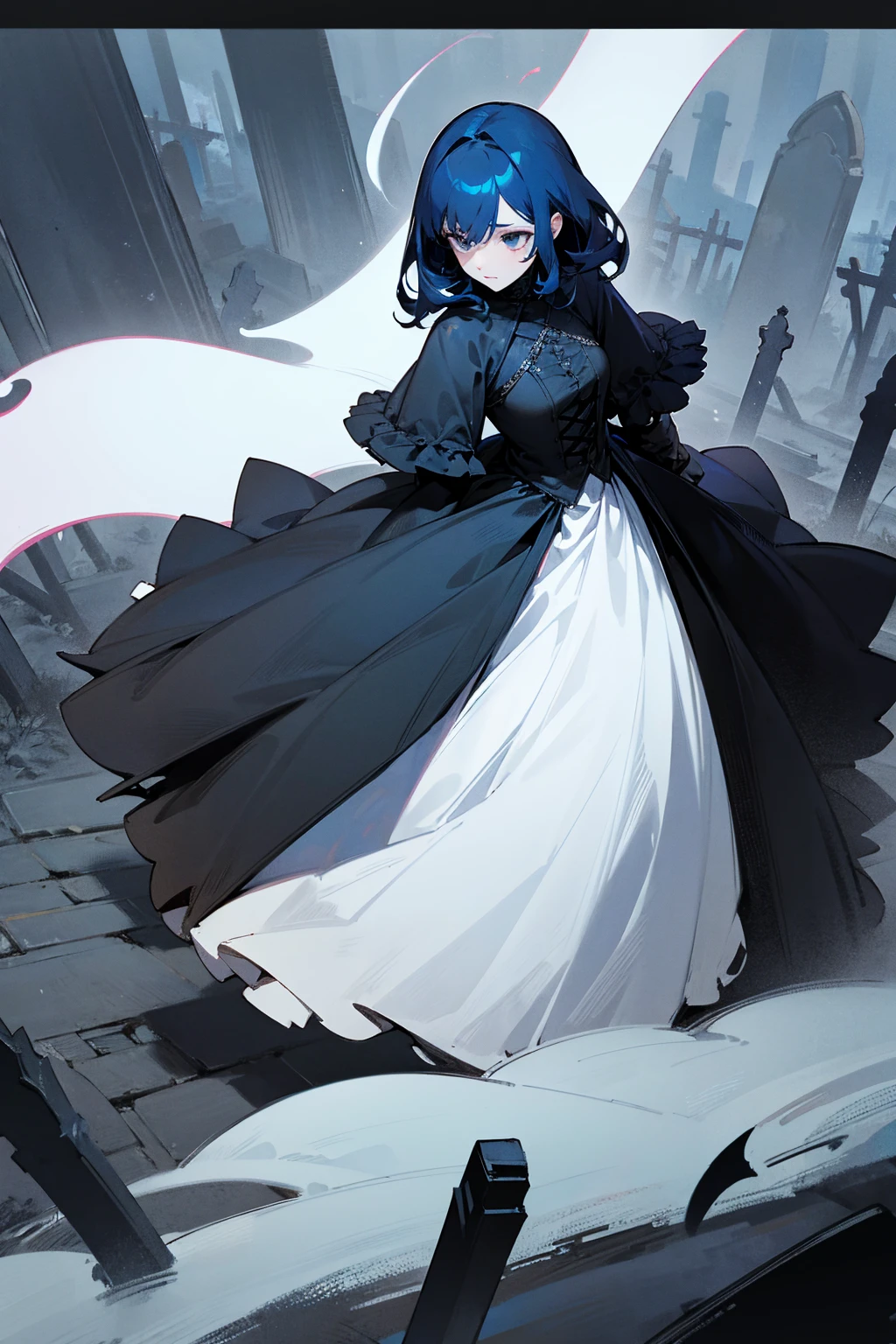 1female, dark blue hair, midnight, black eyes, dark clothing, ghostly, spooky, graveyard background, expressionless, detailed background, hands to side, standing on path