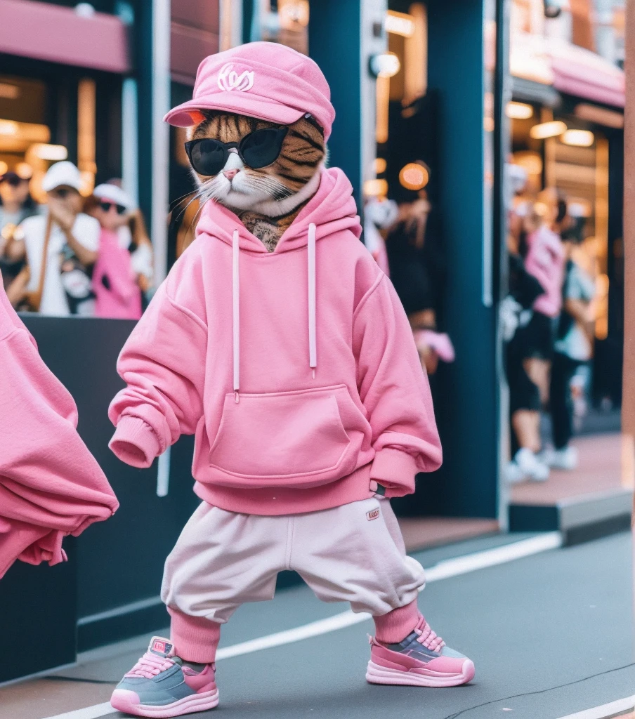 A trendy anthropomorphic talk cat wearing a pink baseball cap, large sunglasses, a pink bomber jacket with patches, a graphic hoodie with a cat print, dark cargo shorts, high-top sneakers with colorful details, and a crossbody bag. The cat stands confidently on a stylish city street with modern shops and people in the background, creating a lively urban atmosphere