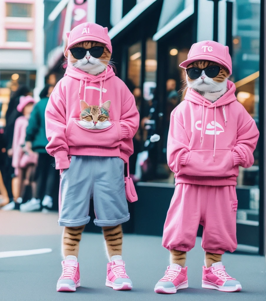 A trendy anthropomorphic talk cat wearing a pink baseball cap, large sunglasses, a pink bomber jacket with patches, a graphic hoodie with a cat print, dark cargo shorts, high-top sneakers with colorful details, and a crossbody bag. The cat stands confidently on a stylish city street with modern shops and people in the background, creating a lively urban atmosphere