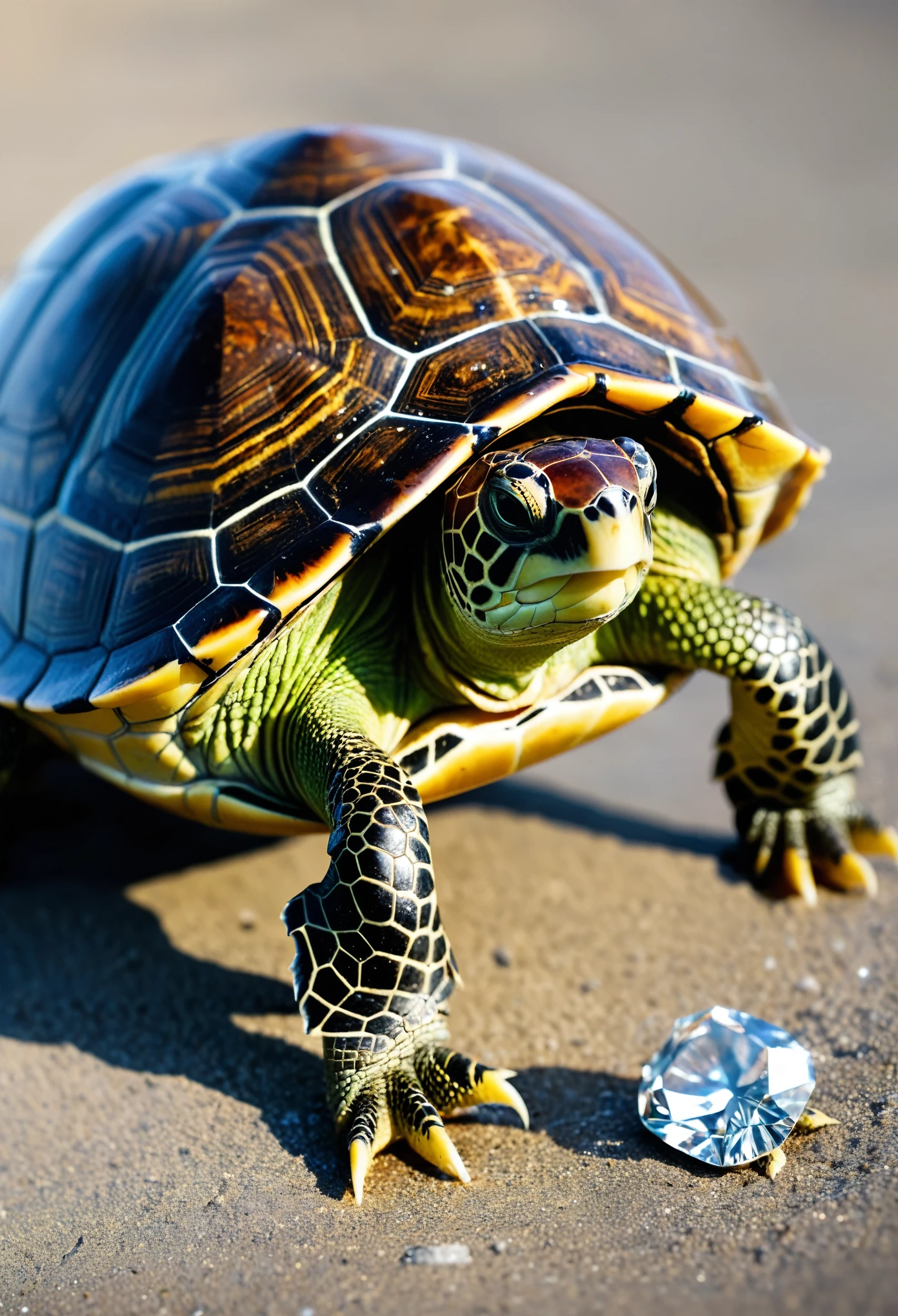 Photographic style,The anthropomorphic diamond turtle slowly crawled towards me,The beauty on the turtle's back is wearing a gorgeous long dress,Elegant posture,Wear dazzling jewelry,Tropical beach at dusk background,Golden sunlight shines,Beautiful woman with gentle and peaceful eyes。