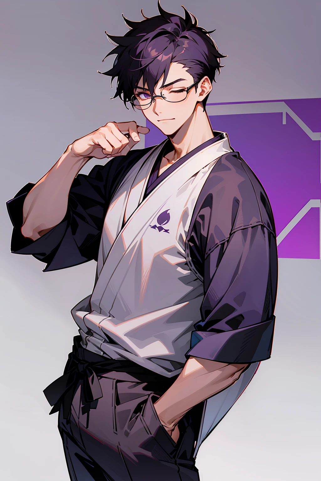 1male, Young Adult, Dark Purple, Eyes Closed, Short Hair, Spikey Hair, Grey Pants, Dojo Background, Slight Smile, Glasses, Standing In City, Detailed background, Dojo Outfit