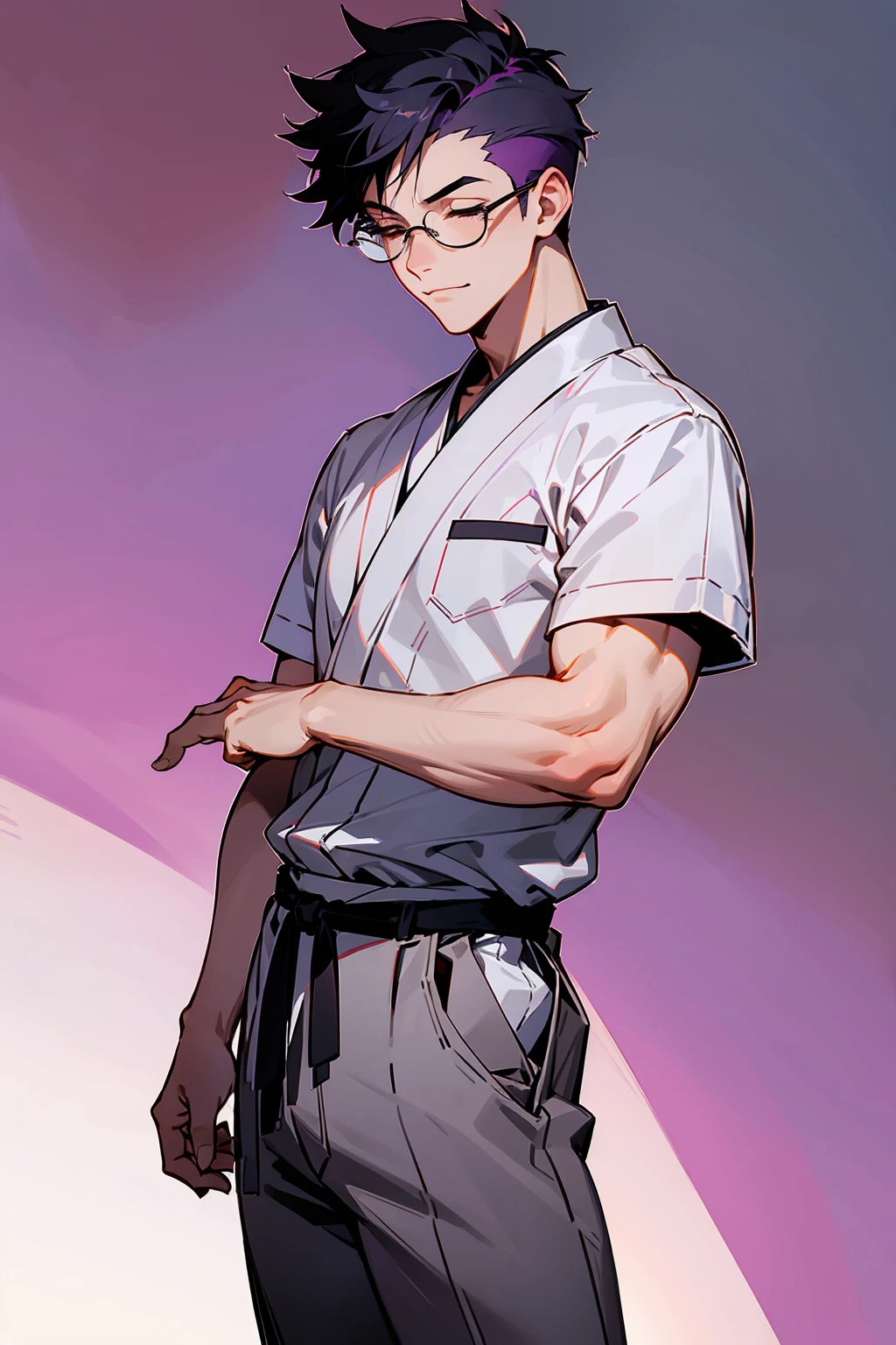 1male, Young Adult, Dark Purple, Eyes Closed, Short Hair, Spikey Hair, Grey Pants, Dojo Background, Slight Smile, Glasses, Standing In City, Detailed background, Dojo Outfit