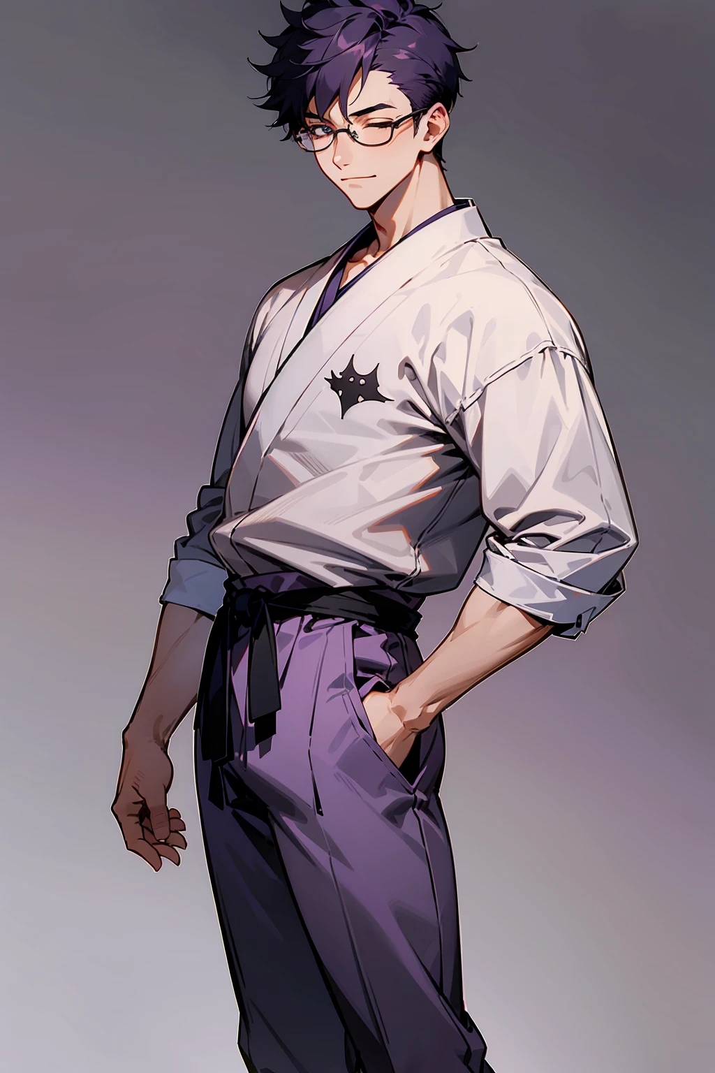 1male, Young Adult, Dark Purple, Eyes Closed, Short Hair, Spikey Hair, Grey Pants, Dojo Background, Slight Smile, Glasses, Standing In City, Detailed background, Dojo Outfit