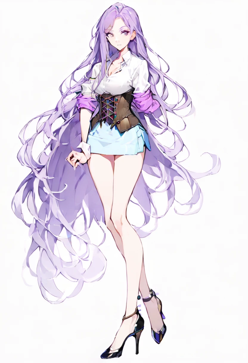 ((Perfect Face)),Purple Hair,super long hair,Adult female,White shirt,((Shirt with rolled up sleeves)),(((Roll up your sleeves))),((corset)),((mini skirt)),((short skirt)),(High heels),((Simple White Background)),((full body)),((Full Body)),