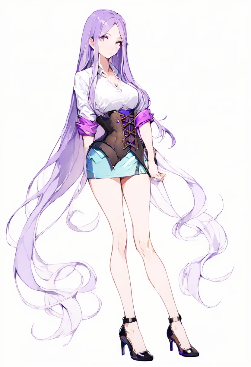 ((Perfect Face)),Purple Hair,super long hair,Adult female,White shirt,((Shirt with rolled up sleeves)),(((Roll up your sleeves))),((corset)),((mini skirt)),((short skirt)),(High heels),((Simple White Background)),((full body)),((Full Body)),