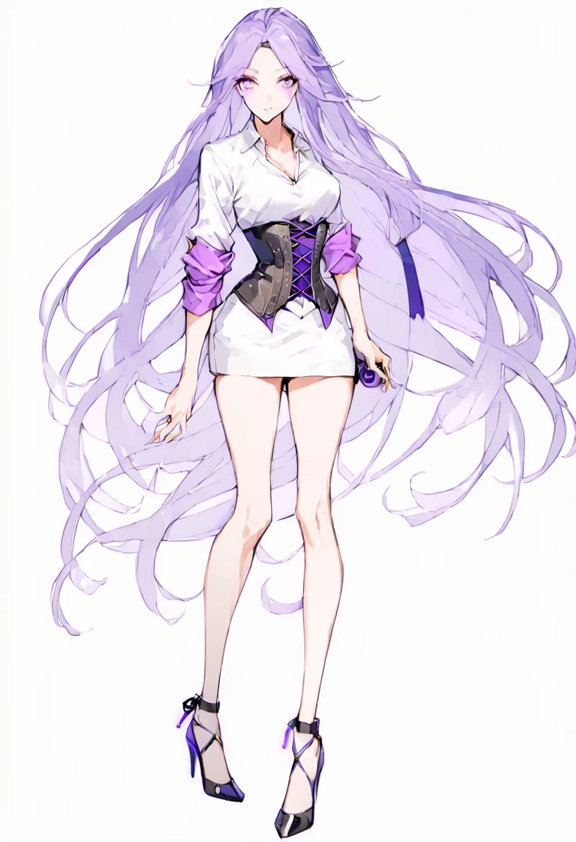 ((Perfect Face)),Purple Hair,super long hair,Adult female,White shirt,((Shirt with rolled up sleeves)),(((Roll up your sleeves))),((corset)),((mini skirt)),((short skirt)),(High heels),((Simple White Background)),((full body)),((Full Body)),