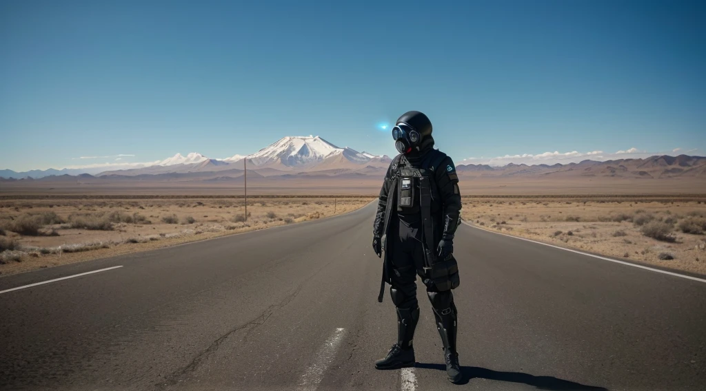 Arafed man with a gas mask standing on a road., wearing space tech clothing, parado en el camino, wearing technical clothing and armor, in metal hurlant, por Andrei Kolkoutine, Still from a film by Ridley Scott, parado valientemente en el camino, Sci-fi cinematographic film frame., ropa y casco futuristas, vantablack gi