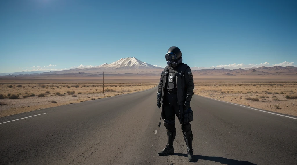 Arafed man with a gas mask standing on a road., wearing space tech clothing, parado en el camino, wearing technical clothing and armor, in metal hurlant, por Andrei Kolkoutine, Still from a film by Ridley Scott, parado valientemente en el camino, Sci-fi cinematographic film frame., ropa y casco futuristas, vantablack gi