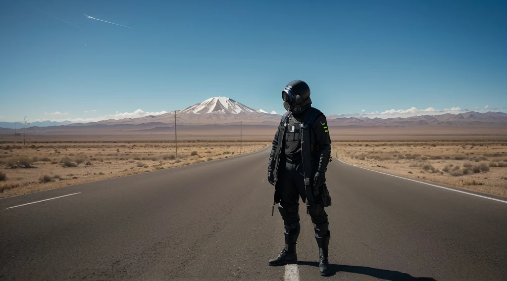 Arafed man with a gas mask standing on a road., wearing space tech clothing, parado en el camino, wearing technical clothing and armor, in metal hurlant, por Andrei Kolkoutine, Still from a film by Ridley Scott, parado valientemente en el camino, Sci-fi cinematographic film frame., ropa y casco futuristas, vantablack gi